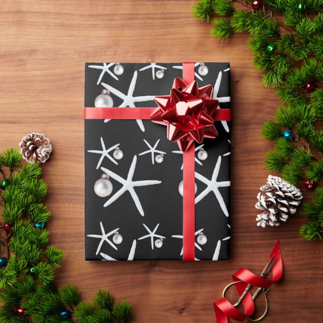 Starfish and Ornaments Black Tropical Christmas Wrapping Paper (Holiday Gift)