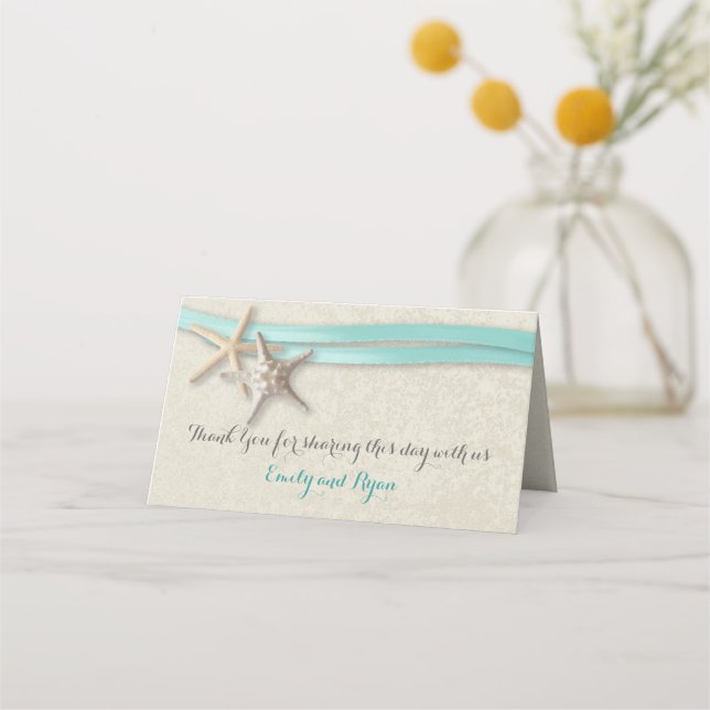 Starfish and Ribbon Aqua Beach Wedding Place Card (Back)