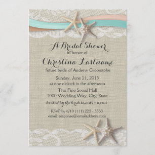 Starfish and Ribbon Aqua Peach Bridal Shower Invitation