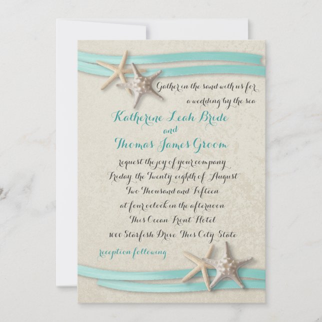Starfish and Ribbon Beach Aqua Invitation (Front)