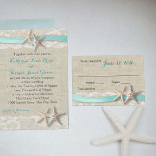 Starfish and Ribbon Beach Aqua RSVP Card