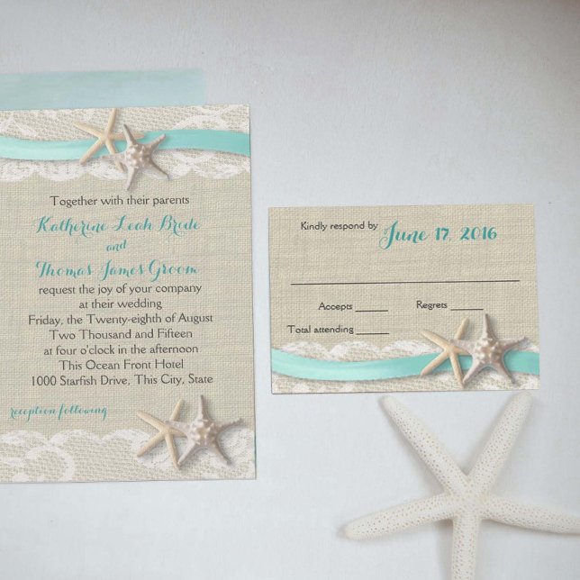 Starfish and Ribbon Beach Aqua RSVP Card (Creator Uploaded)