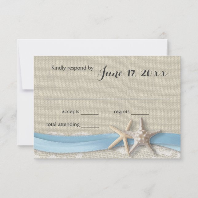 Starfish and Ribbon Beach Light Blue RSVP Card (Front)