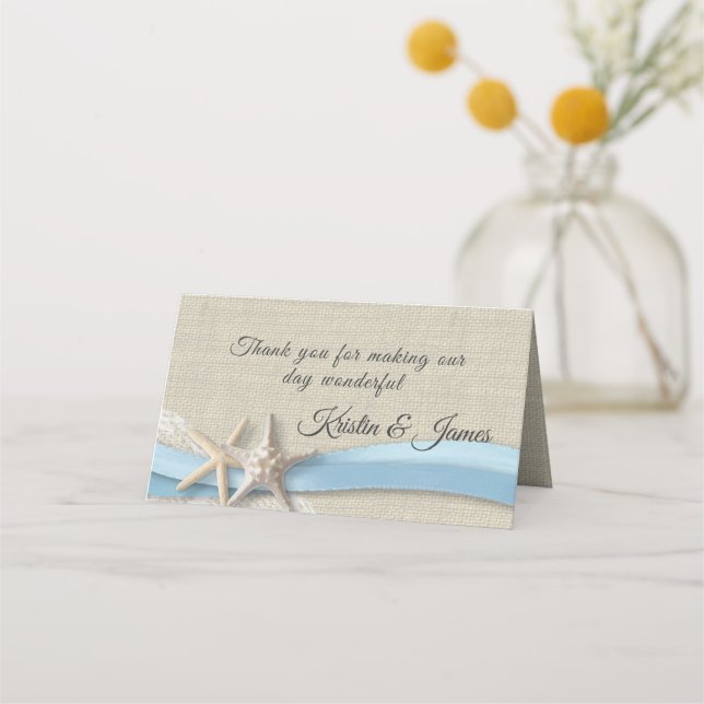 Starfish and Ribbon Light Blue Wedding Place Card (Front)