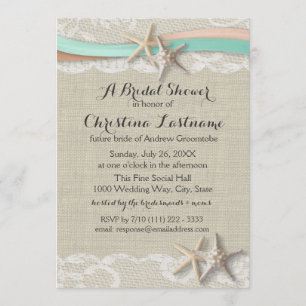 Starfish and Ribbon Peach and Mint Bridal Shower Invitation