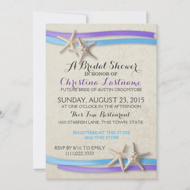 Starfish and Ribbon Purple and Blue Bridal Shower Invitation (Front)