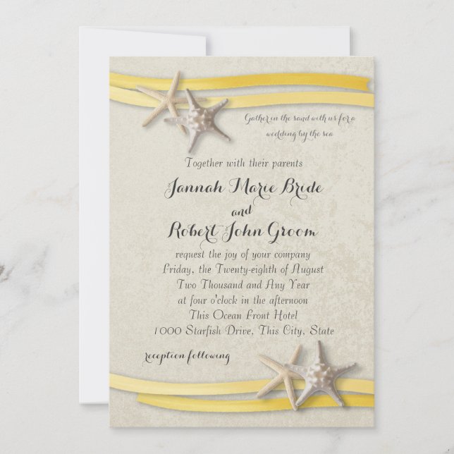 Starfish and Ribbon Yellow Beach Wedding Invitation (Front)