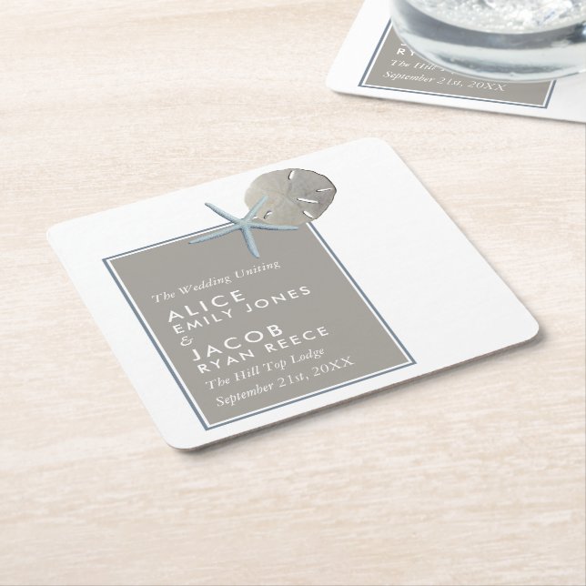 Starfish and Sand Dollar - Beach Wedding Square Paper Coaster (Angled)