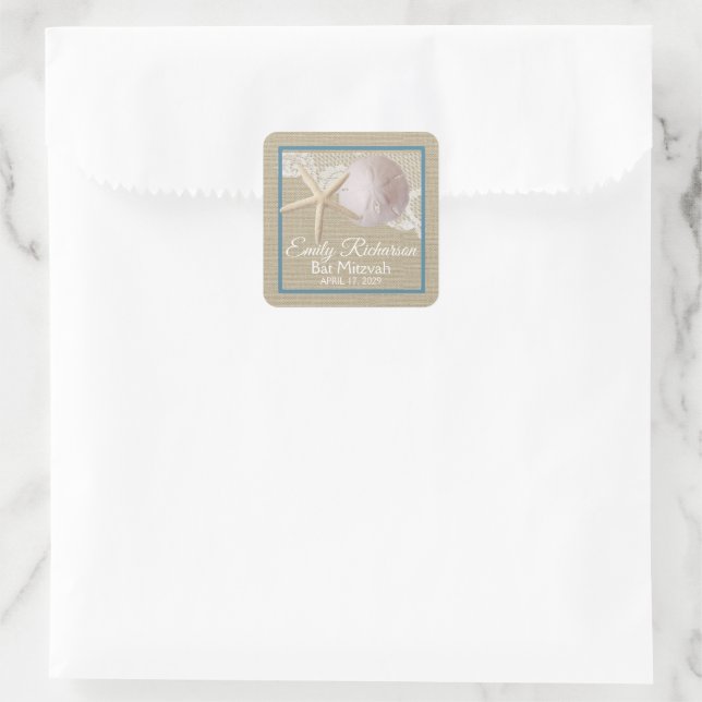 Starfish and Sand Dollar Burlap Beach Bat Mitzvah Square Sticker (Bag)