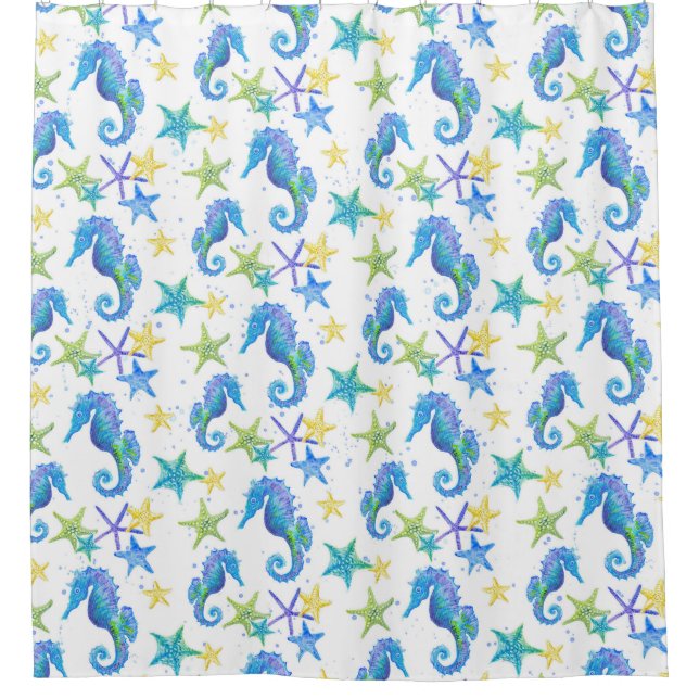 Starfish and Seahorse Watercolor Beach Bathroom Shower Curtain (Front)