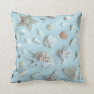 Starfish and Seashells Coastal Beach Photo Blue Cushion
