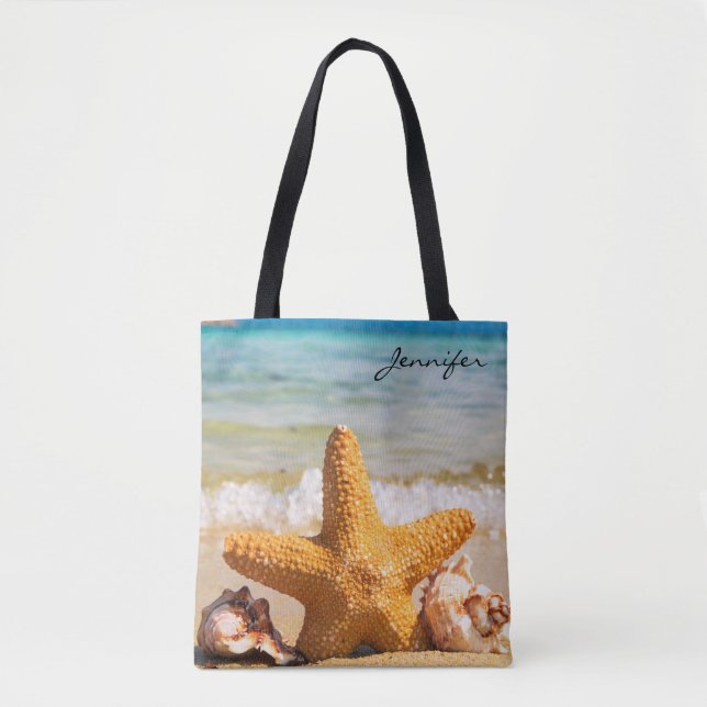 Starfish and Seashells on the Beach Personalised Tote Bag (Front)