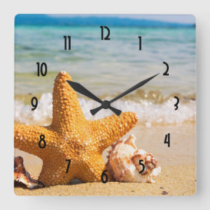 Starfish and Seashells on the Beach Square Wall Clock