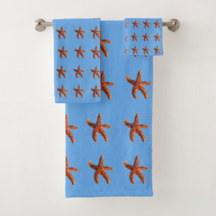 Starfish and seastars on blue background bath towel set