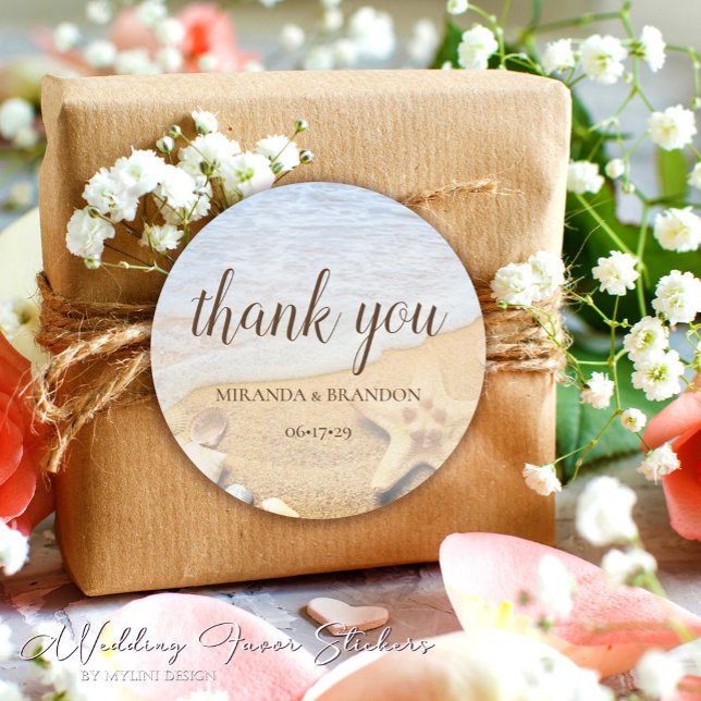 Starfish and Shells Beach Wedding Thank You Classic Round Sticker (Creator Uploaded)
