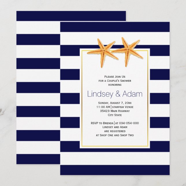 Starfish and stripes beach wedding couples shower invitation (Front/Back)