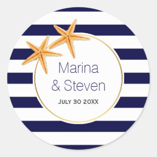 Starfish and stripes navy blue beach wedding classic round sticker