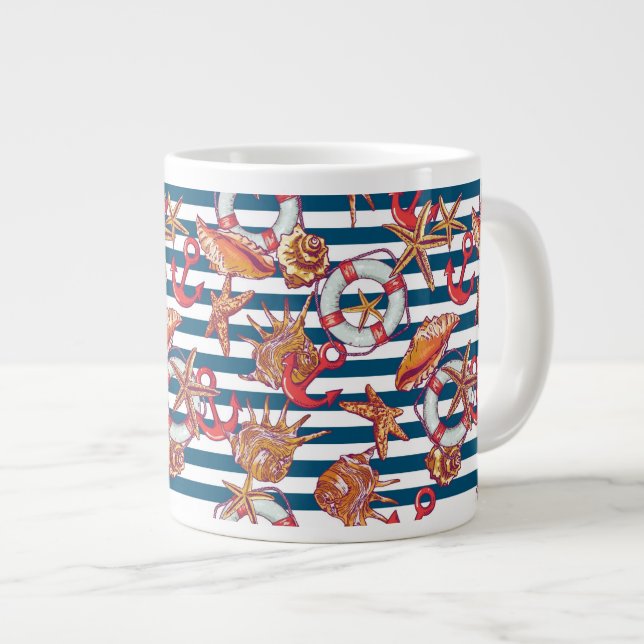 Starfish And Stripes Pattern Large Coffee Mug (Front Right)