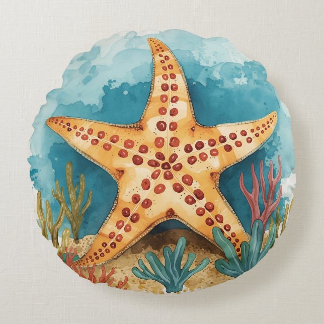 Starfish and Tropical Ocean Paradise Round Cushion (Front)