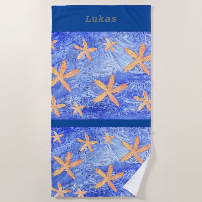 Starfish and water effect with customisable name beach towel (Front)