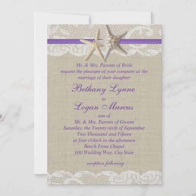 Starfish and White Lace Purple Invitation (Front)