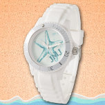 Starfish Aqua Beachy Initials Summer Watercolor Watch<br><div class="desc">Make a splash in this fun silicone women's wristwatch that takes you to the beach and beyond, with an aqua blue watercolor starfish on crisp, fresh white. Add any initials to create a casual fashion accessory for an outdoor coastal wedding (great matching bridesmaid's gifts!) or a sporty watch for Summer...</div>