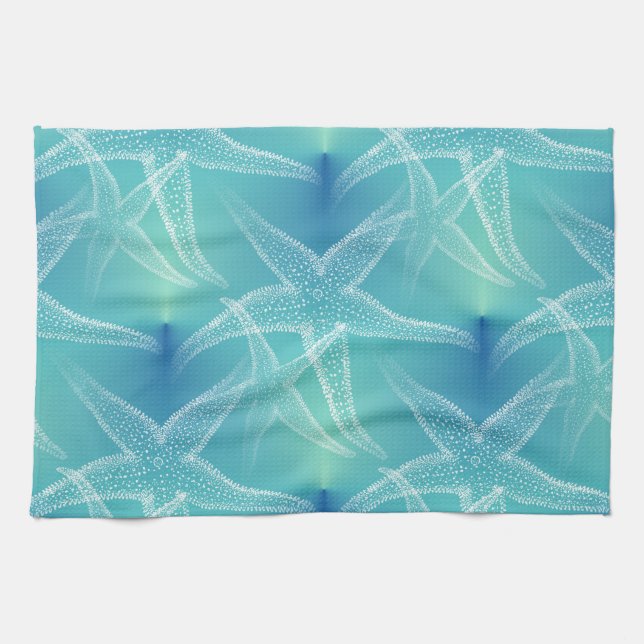 Starfish Aqua Blue Beach Kitchen Towels (Horizontal)