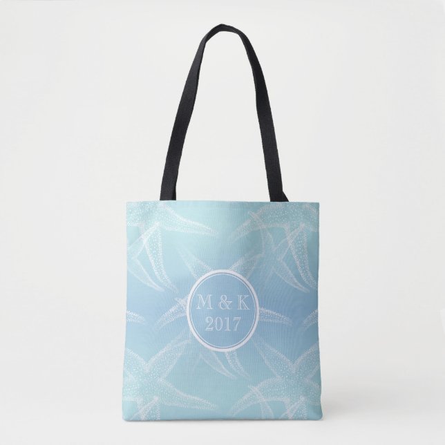 Starfish Aqua Blue Monogram Wedding Beach Tote Bag (Front)