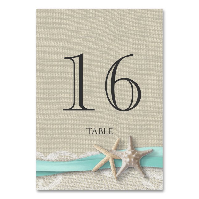 Starfish Aqua Ribbon Table Number Card (Back)