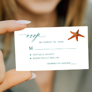 Starfish aqua teal script destination wedding RSVP Card