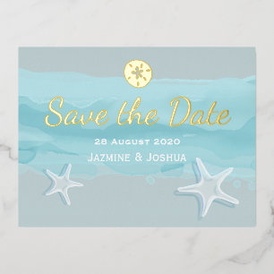Starfish, aqua watercolor beach /save the date foil invitation postcard