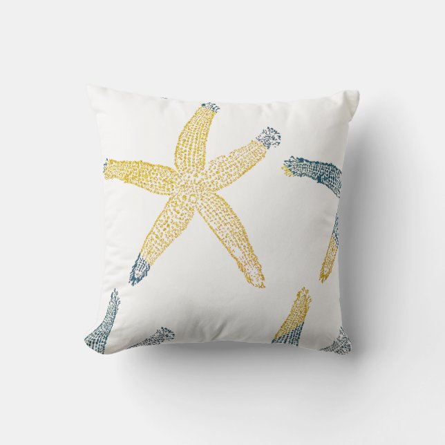 Starfish Beach Deep Blue Glittery Gold White Cute Cushion (Front)