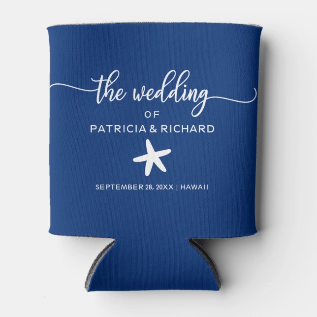 Starfish Beach Destination Wedding Navy Blue Can Cooler (Front)