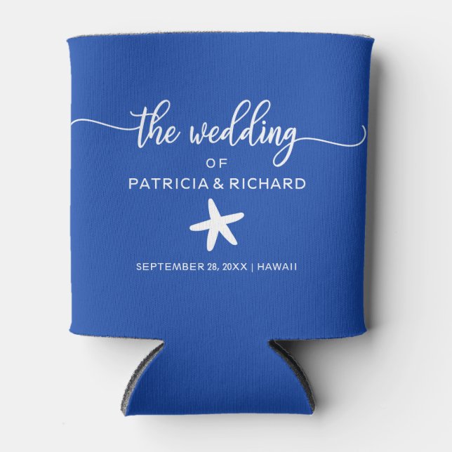 Starfish Beach Destination Wedding Royal Blue Can Cooler (Front)