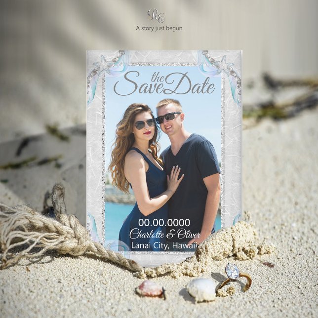 Starfish Beach Dream Wedding Photo Magnet (Wedding photo magnet styled with seashells, nautical rope, and diamond ring in the sand.)