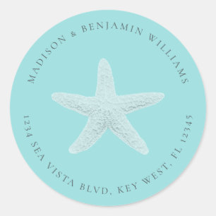 Starfish Beach Family Return Address Blue Classic  Round Sticker