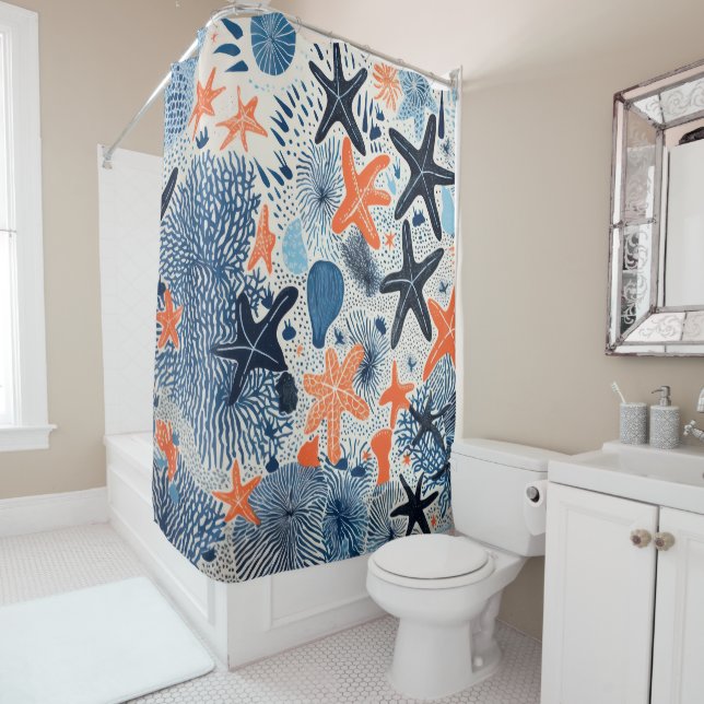 Starfish beach pattern drawing  shower curtain (In Situ)