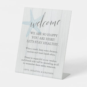 Starfish Beach Rustic Wedding Mask Safety Pedestal Sign
