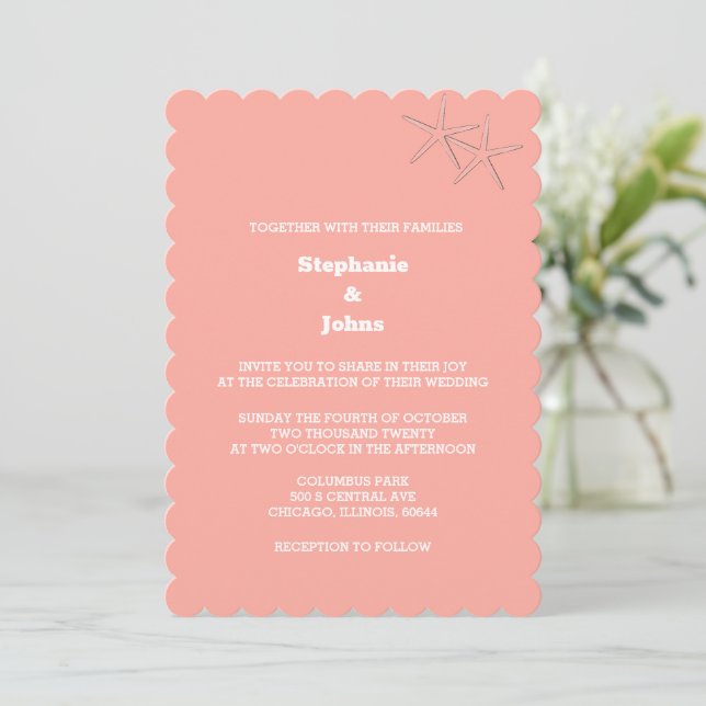 Starfish Beach Salmon Orange Destination Wedding Invitation (Standing Front)