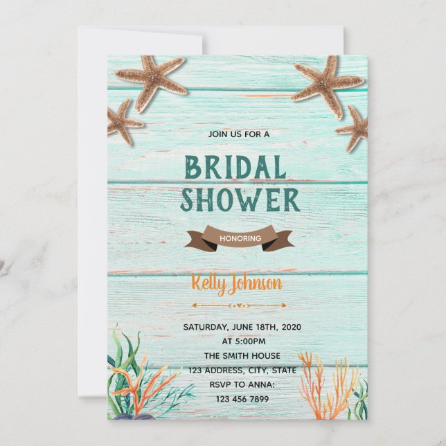 Starfish beach shower theme invitation (Front)