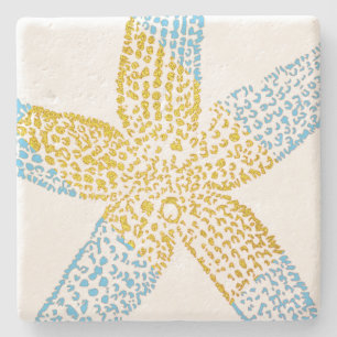 Starfish Beach Sky Blue Glittery Gold White Cute Stone Coaster