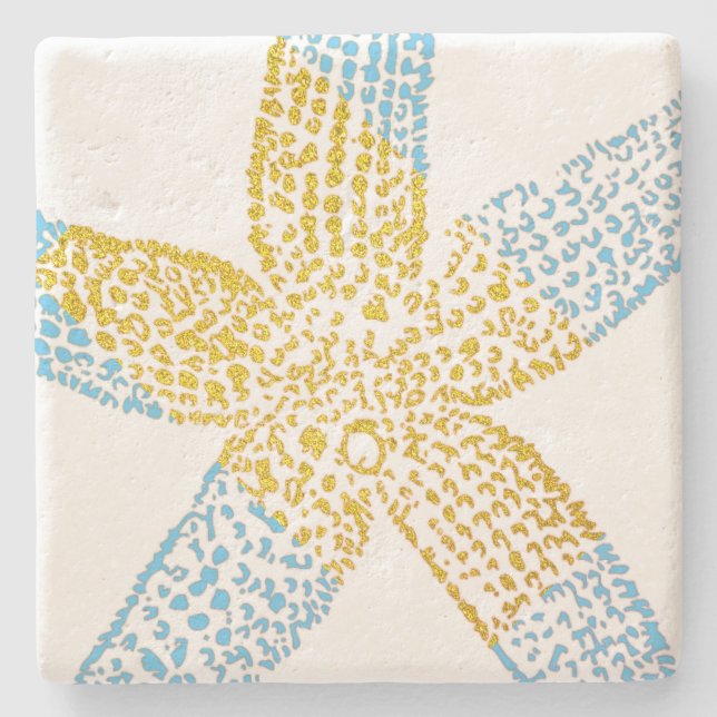 Starfish Beach Sky Blue Glittery Gold White Cute Stone Coaster (Front)