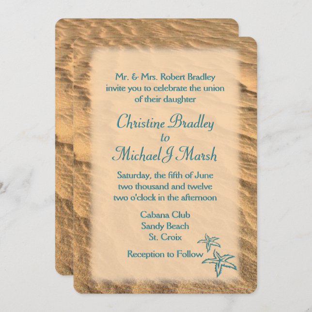 Starfish Beach Teal and Sand Wedding  Invitation (Front/Back)