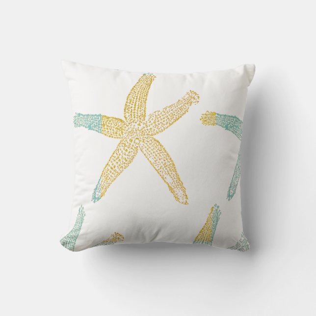 Starfish Beach Teal Blue Green Glittery Gold White Cushion (Front)