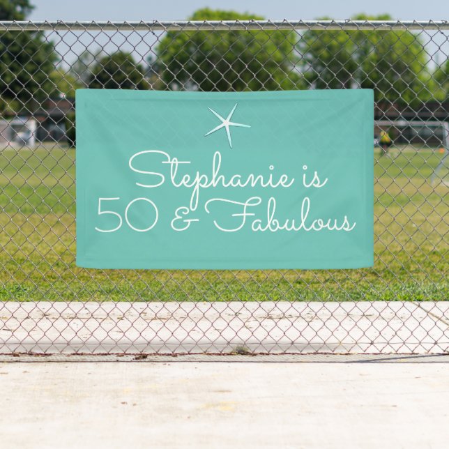 Starfish Beach Teal Blue White 50th Birthday Party Banner (Insitu)