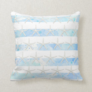 Starfish Beach Watercolor Wash Stripe Blue n White Cushion