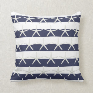 Starfish Beach Watercolor Wash Stripe Navy n White Cushion