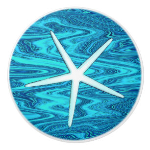 Starfish Beach Waves Teal Blue White Ocean Decor  Ceramic Knob