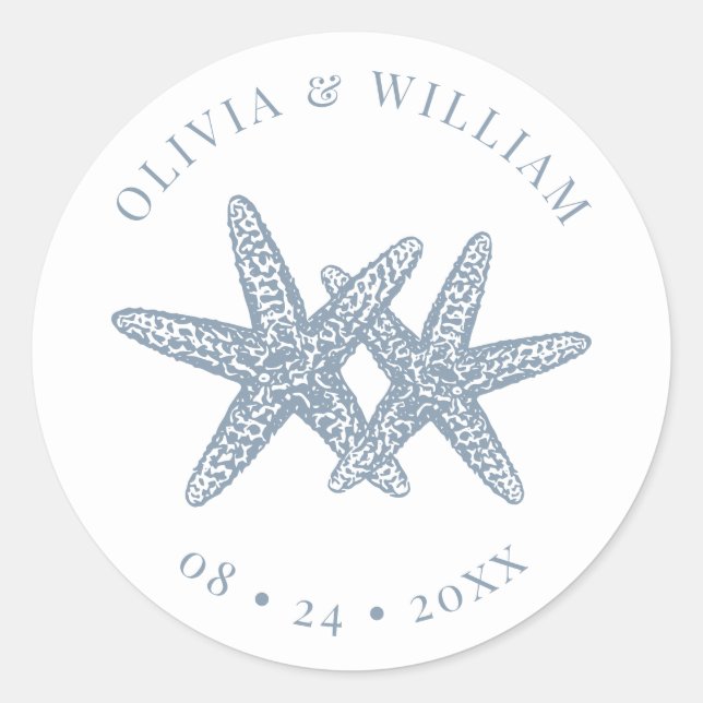 Starfish Beach Wedding Coastal Dusty Blue  Classic Round Sticker (Front)
