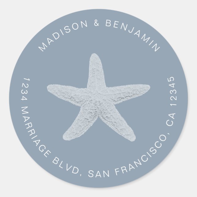 Starfish Beach Wedding Return Address Blue Classic Round Sticker (Front)